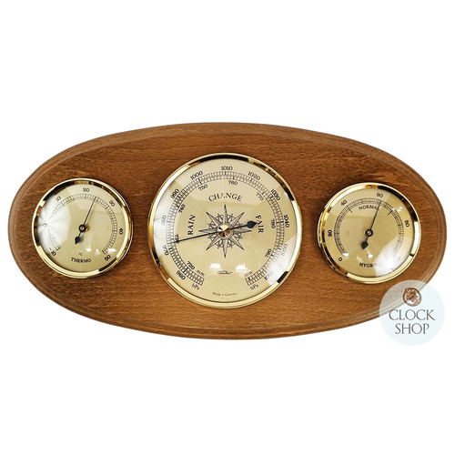 31cm Oak Weather Station With Barometer Thermometer & Hygrometer By FISCHER image