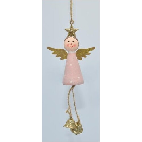 Angel In Pink Dress With Gold Bell Feet Christmas Decoration 15cm 