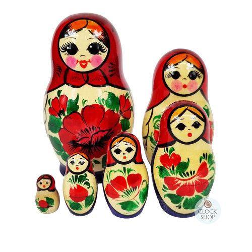 Kirov Russian Nesting Dolls 6 Set With Red Scarf & Purple Dress 12cm