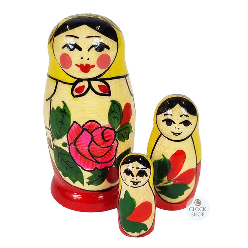 Semenov Russian Nesting Dolls 3 Set With Yellow Scarf & Red Dress 7cm