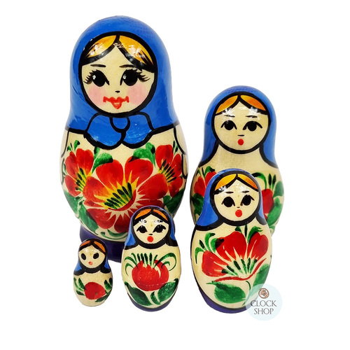 Kirov Russian Nesting Dolls 5 Set With Blue Scarf & Purple Dress 10cm