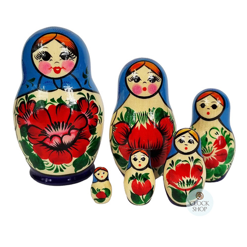 Kirov Russian Nesting Dolls 6 Set With Blue Scarf & Purple Dress 12cm