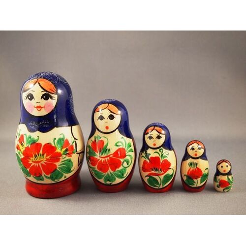 Kirov Russian Nesting Dolls 5 Set With Purple Scarf & Blue Dress 10cm