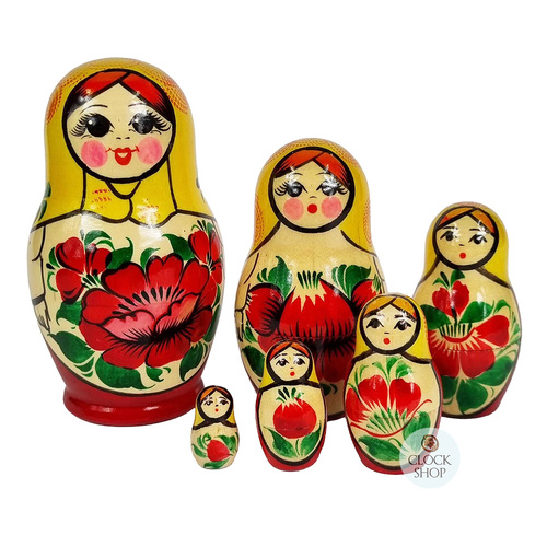Kirov Russian Nesting Dolls 6 Set With Yellow Scarf & Red Dress 12cm
