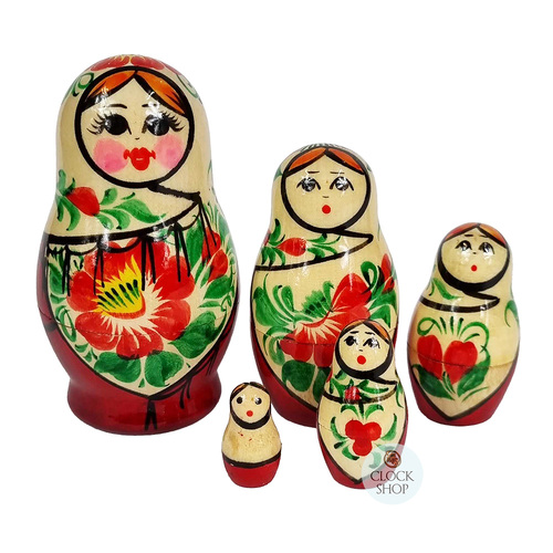 Kirov Russian Nesting Dolls 5 Set With White Scarf & Red Dress 10cm