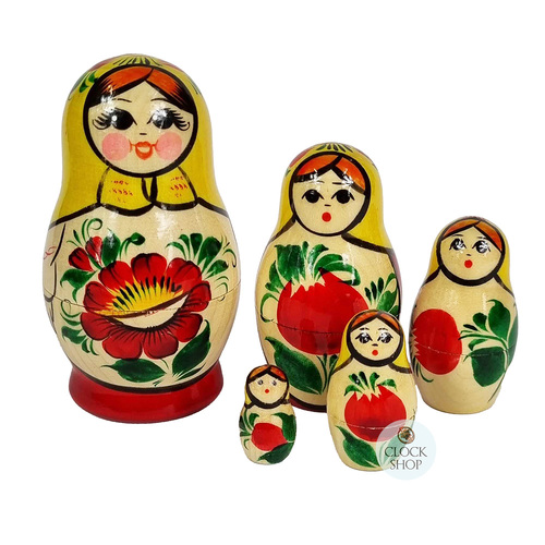 Kirov Russian Nesting Dolls 5 Set With Yellow Scarf & Red Dress 9cm