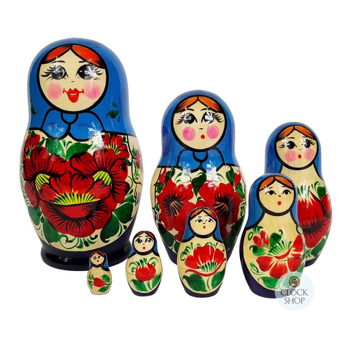 Kirov Russian Nesting Dolls 7 Set With Blue Scarf & Purple Dress 15cm