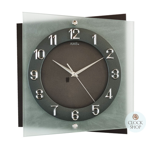 31cm Grey & Silver Silent Square Wall Clock By AMS (Dimpled Background) image