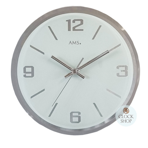 27cm White Round Silent Mirrored Glass Wall Clock By AMS image