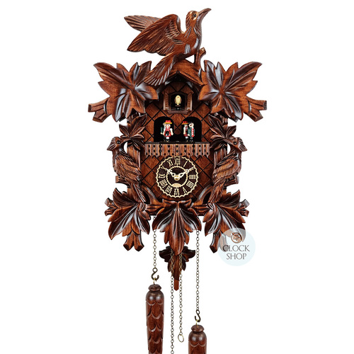 5 Leaf & Bird Battery Carved Cuckoo Clock With Side Birds & Dancers 40cm By TRENKLE