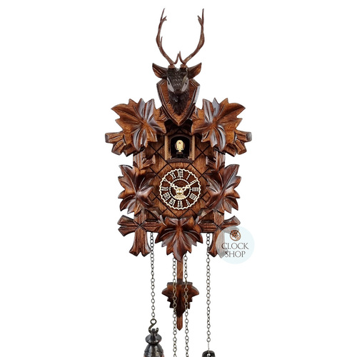5 Leaf & Deer Battery Carved Cuckoo Clock 22cm By TRENKLE