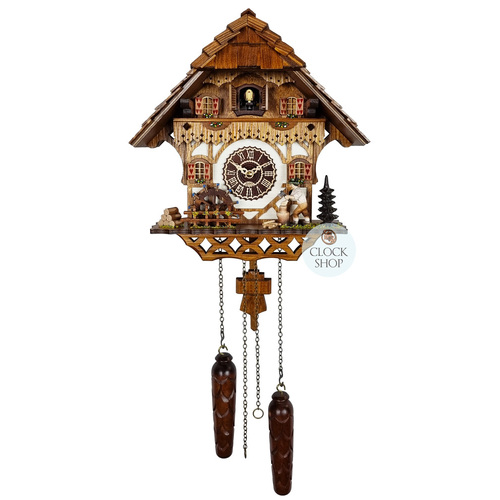 Wood Chopper & Water Wheel Battery Chalet Cuckoo Clock 34cm By TRENKLE