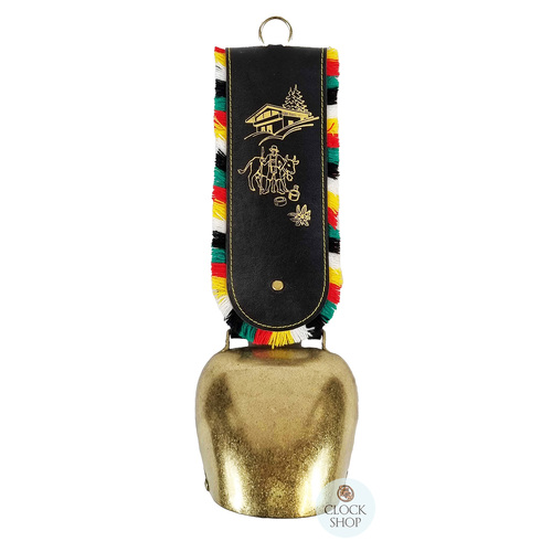 36cm Gold Cowbell With Printed Fringed Black Leather Strap