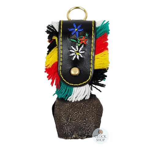 11cm Antique Look Cowbell With Fringed Black Leather Strap