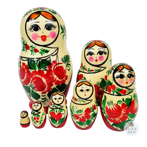 Kirov Russian Nesting Dolls 7 Set With White Scarf & Red Dress 15cm 
