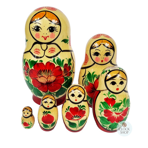 Kirov Russian Nesting Dolls 6 Set With White Scarf & Red Dress 12.5cm