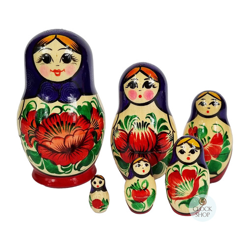 Kirov Russian Nesting Dolls 6 Set With Purple Scarf & Red Dress 12cm