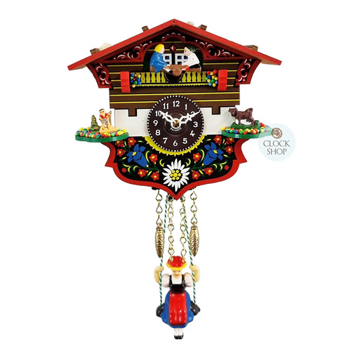 Swiss House Battery Chalet Clock With Seesaw & Swinging Doll 14cm By TRENKLE