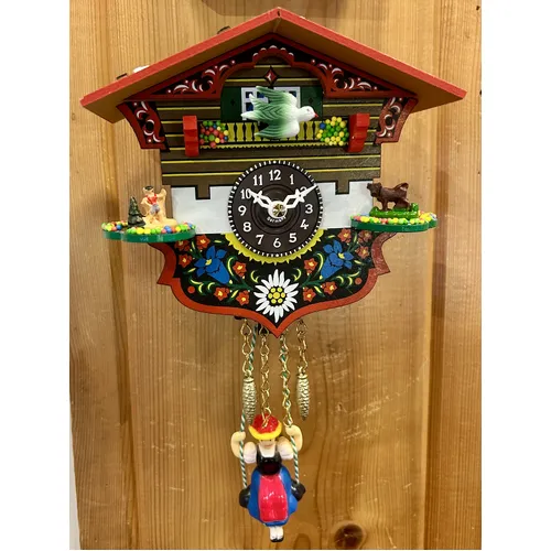 Swiss House Battery Chalet Clock With Swinging Doll 14cm By TRENKLE (Green Bird) image