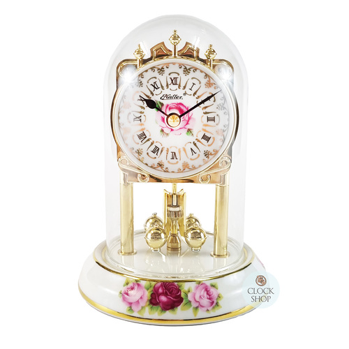 16cm White & Gold Porcelain Anniversary Clock With Floral Detail By HALLER