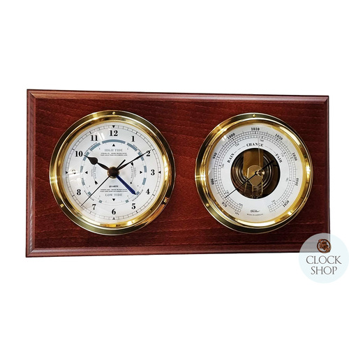 38cm Mahogany Nautical Weather Station With Quartz Time & Tide Clock & Barometer By FISCHER