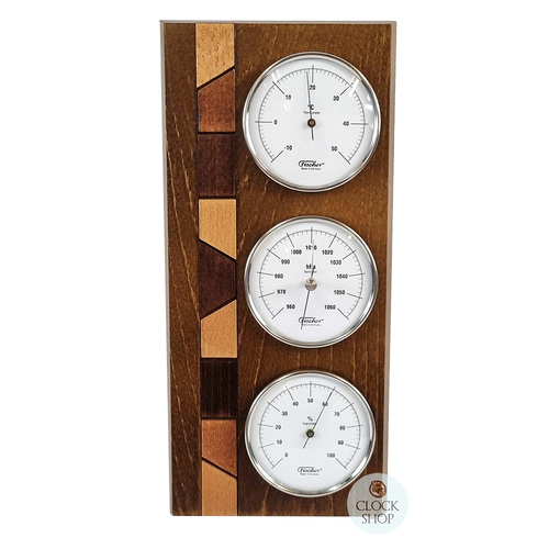 34cm Oak Weather Station With Thermometer Barometer & Hygrometer With Timber Inlay By FISCHER image
