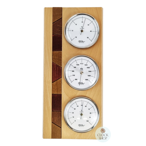 34cm Beech Weather Station With Thermometer Barometer & Hygrometer With Timber Inlay By FISCHER image