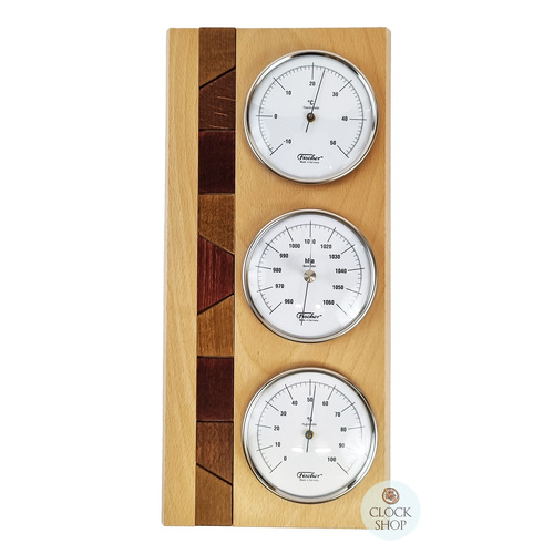 34cm Beech Weather Station With Thermometer, Barometer & Hygrometer With Timber Inlay By FISCHER