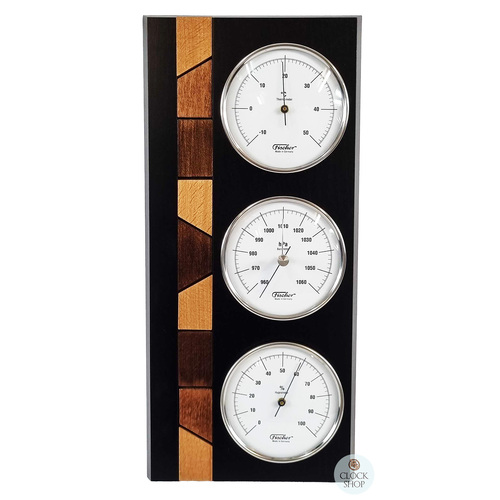 34cm Black Weather Station With Thermometer Barometer & Hygrometer With Timber Inlay By FISCHER image