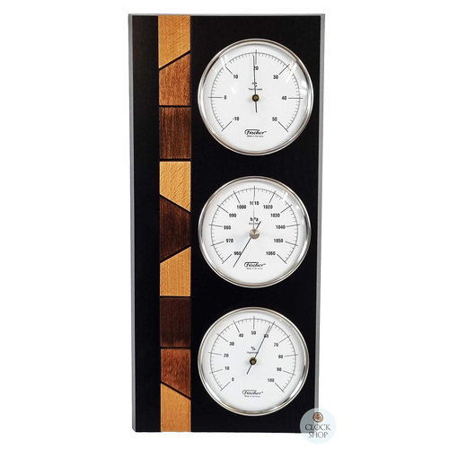 34cm Black & Timber Inlay Weather Station With Barometer, Thermometer & Hygrometer By FISCHER 