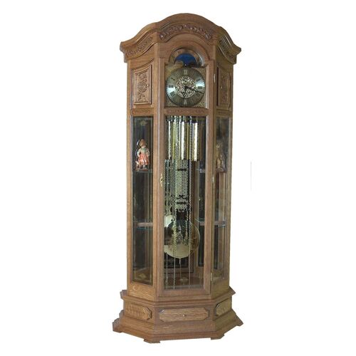 SOLID CARVED OAK GRANDFATHER CLOCK WITH SHELVES BY THOMAS EYRING