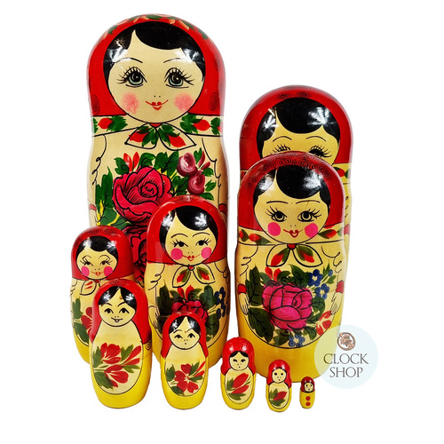 Semenov Russian Dolls- Red Scarf & Yellow Dress 26cm (Set Of 10)