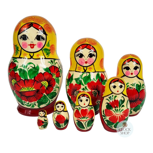 Kirov Russian Nesting Dolls 7 Set With Yellow Scarf & Red Dress 15cm
