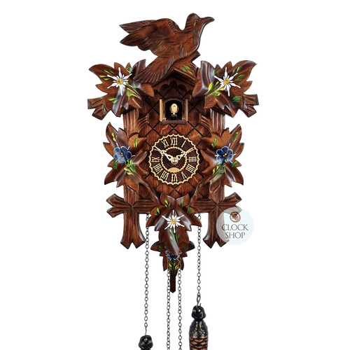5 Leaf & Bird With Blue & White Flowers Battery Carved Cuckoo Clock 35cm By TRENKLE