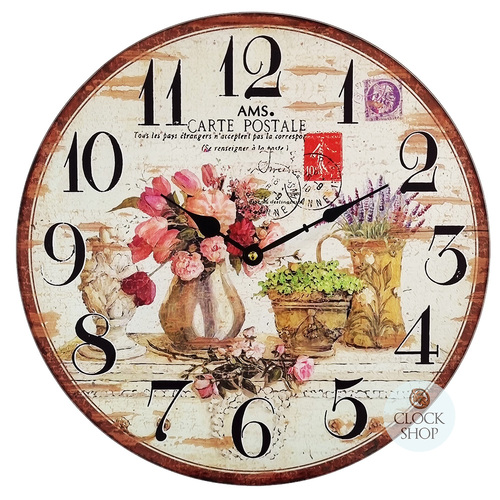 40cm Vintage Floral Design Round Glass Wall Clock By AMS image