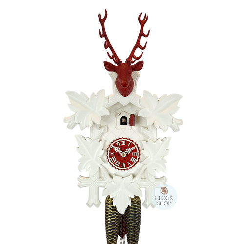 5 Leaf & Deer White & Red 8 Day Mechanical Carved Cuckoo Clock 38cm By HÖNES