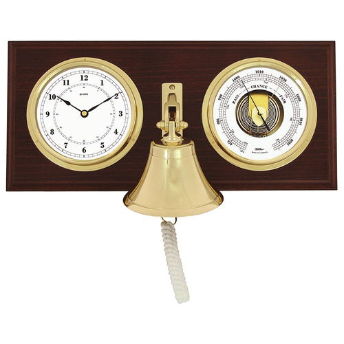 43cm Mahogany Nautical Weather Station With Quartz Clock, Barometer & Ships Bell By FISCHER