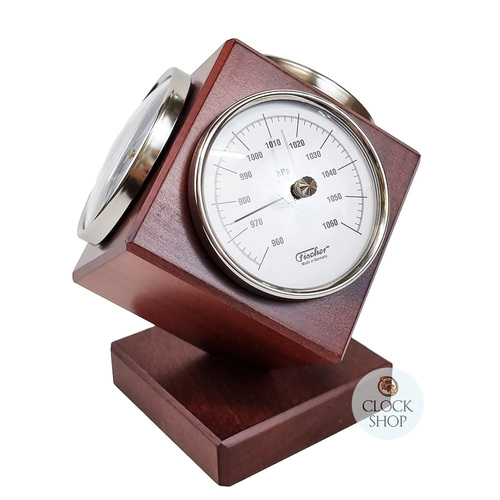 15cm Mahogany Weather Station Cube With Barometer Thermometer & Hygrometer By FISCHER image