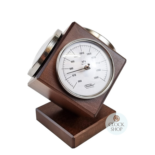 15cm Walnut Weather Station Cube With Barometer Thermometer & Hygrometer By FISCHER image