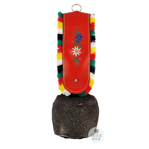 26cm Antique Look Cowbell With Fringed Red Leather Strap image