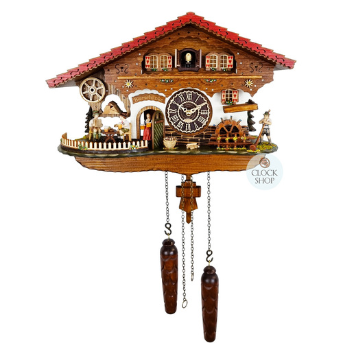 Alphorn, Water Wheel & Beer House Battery Chalet Cuckoo Clock 26cm By TRENKLE