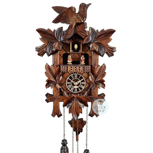 5 Leaf & Bird Battery Carved Cuckoo Clock With Dancers 35cm By TRENKLE