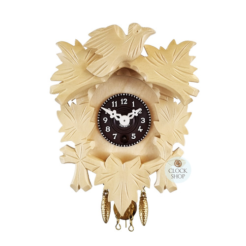 5 Leaf & Bird Mechanical Carved Clock Natural 14cm By TRENKLE