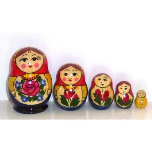 Semenov Squat Russian Nesting Dolls 5 Set With Red Scarf & Blue Dress 4.5cm
