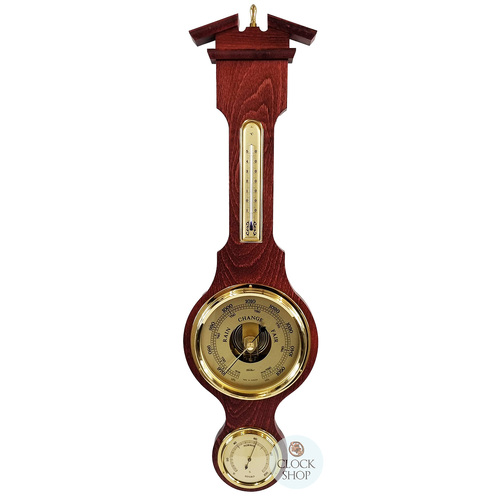71cm Mahogany Traditional Weather Station With Barometer Thermometer & Hygrometer By FISCHER image