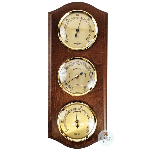 26cm Walnut Weather Station With Barometer Thermometer & Hygrometer By FISCHER image