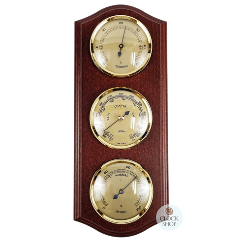 26cm Mahogany Weather Station With Barometer Thermometer & Hygrometer By FISCHER image