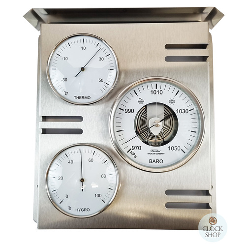 31cm Silver Outdoor Weather Station With Barometer Thermometer & Hygrometer By FISCHER  image