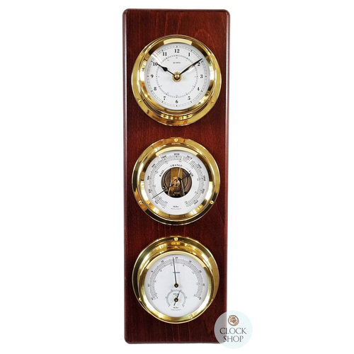 51cm Mahogany Weather Station With Barometer, Thermometer, Hygrometer & Quartz Clock By FISCHER