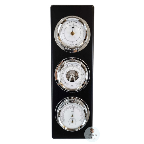 51cm Black Weather Station With Barometer Thermometer Hygrometer & Tide Clock By FISCHER image